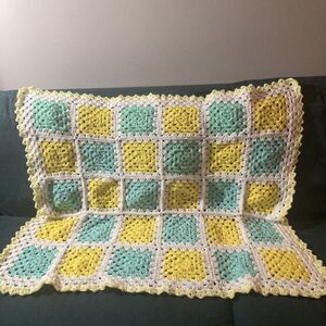 Granny Square Baby Afghan Green White Yellow Boy Girl 42x34”
